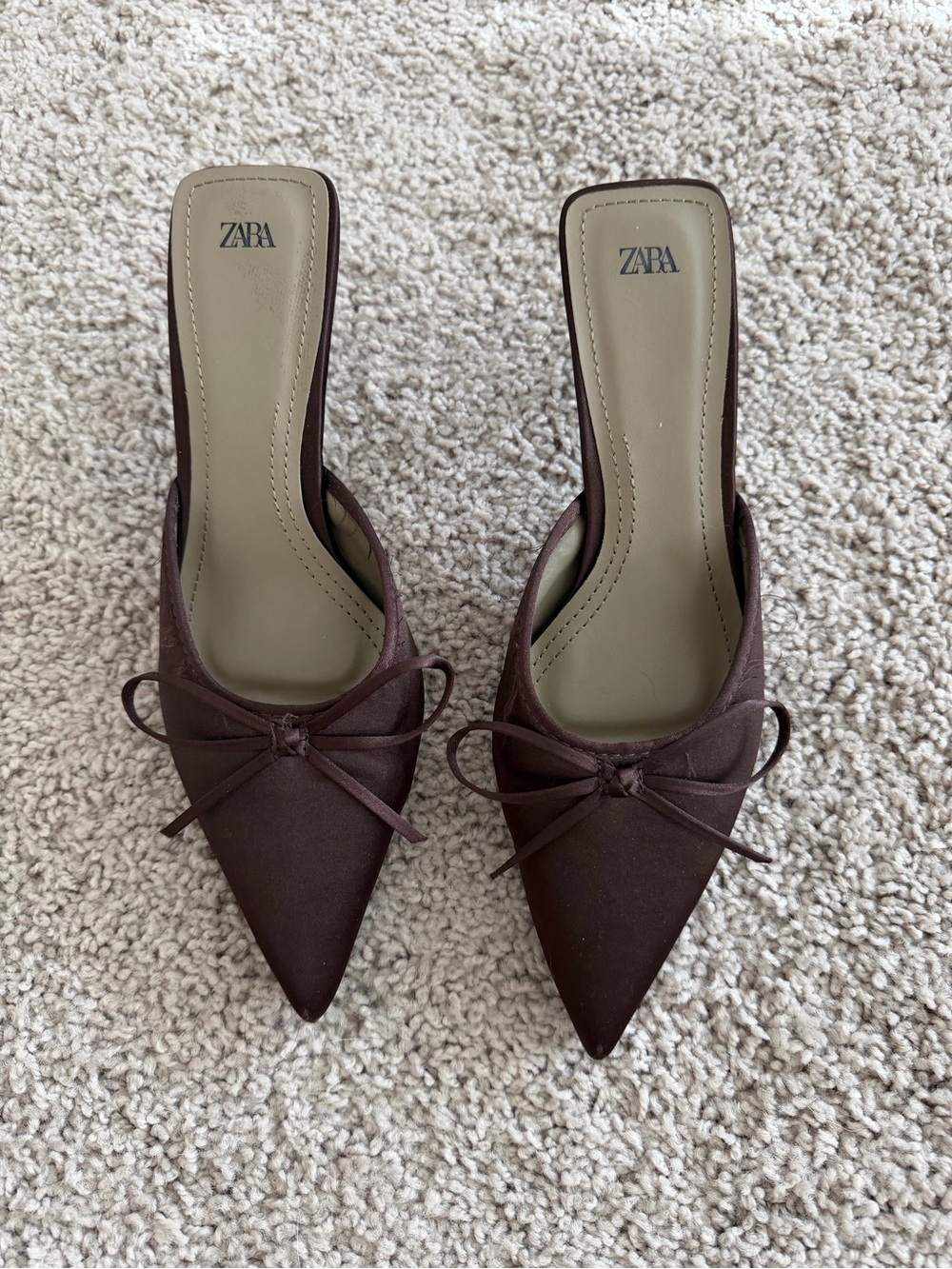 ZARA Chocolate Brown Pointed Mule kitten heel